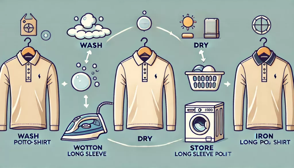 A step by step infographic illustrating how to properly wash dry iron and store a cotton long sleeve polo shirt to maintain its fabric quality and A step by step infographic illustrating how to properly wash dry iron and store a cotton long sleeve polo shirt to maintain its fabric quality and