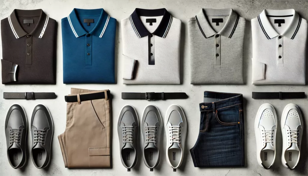 A stylish flat lay of slim fit polo shirts with outfit combinations A stylish flat lay of slim fit polo shirts with outfit combinations