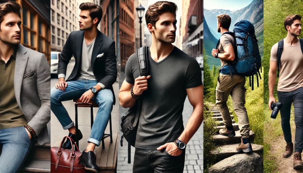 A stylish model wearing a Merino wool t shirt in different settings A stylish model wearing a Merino wool t shirt in different settings