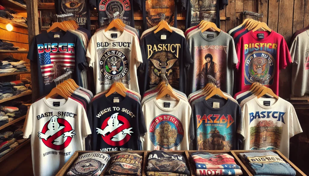 A thrift store or flea market with a section full of vintage t shirts A thrift store or flea market with a section full of vintage t shirts