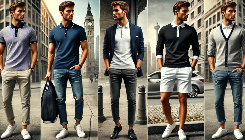 A visual guide showcasing different ways to style a shirt collar polo. The image features three outfits a casual look with a navy blue polo and jeans A visual guide showcasing different ways to style a shirt collar polo. The image features three outfits a casual look with a navy blue polo and jeans