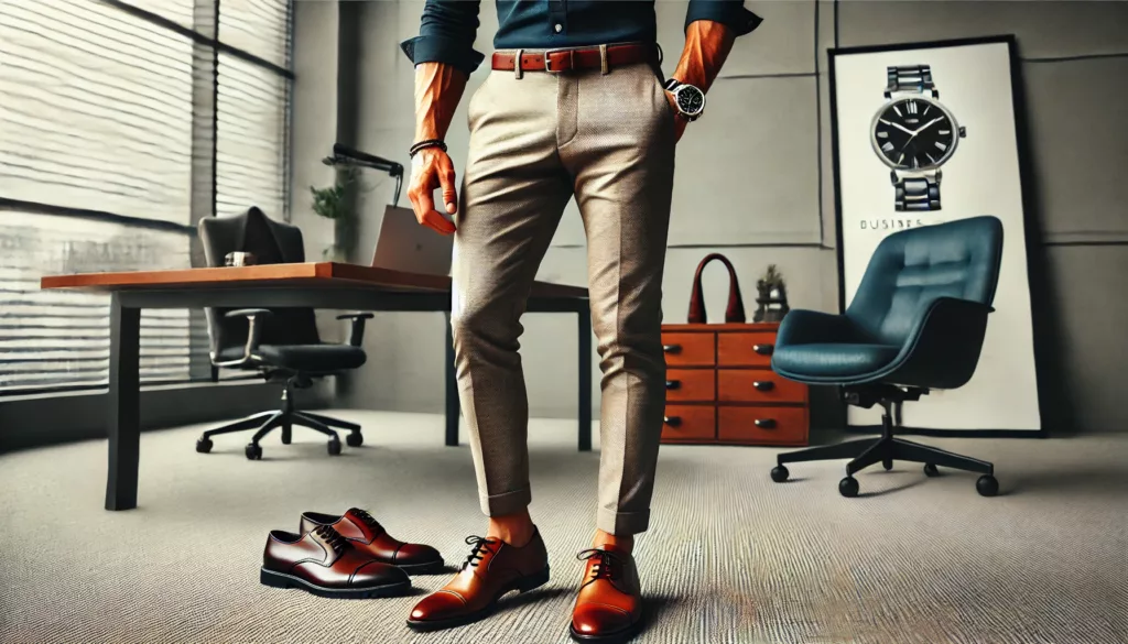 A well dressed man wearing a fitted polo shirt tucked into chinos with dress shoes accessorized with a watch A well dressed man wearing a fitted polo shirt tucked into chinos with dress shoes accessorized with a watch