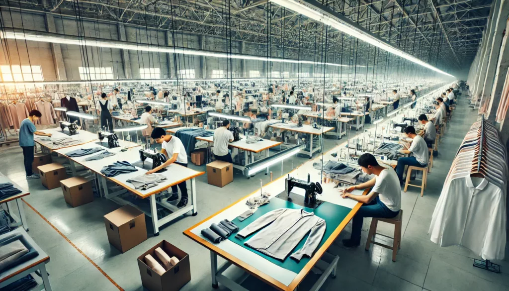 A well lit modern clothing production line with workers cutting sewing A well lit modern clothing production line with workers cutting sewing