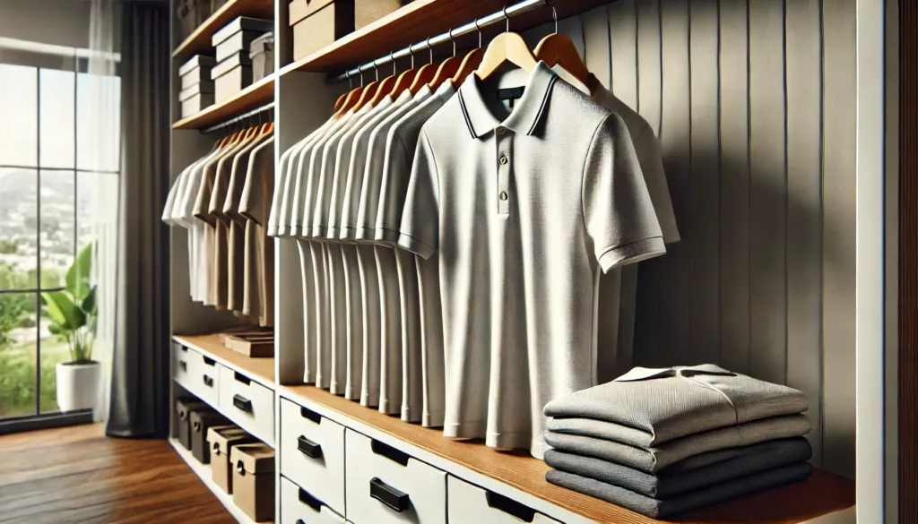 A well organized wardrobe showcasing proper polo shirt storage A well organized wardrobe showcasing proper polo shirt storage