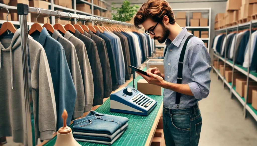 A worker carefully inspecting finished garments on racks in a clothing manufacturing facility A worker carefully inspecting finished garments on racks in a clothing manufacturing facility