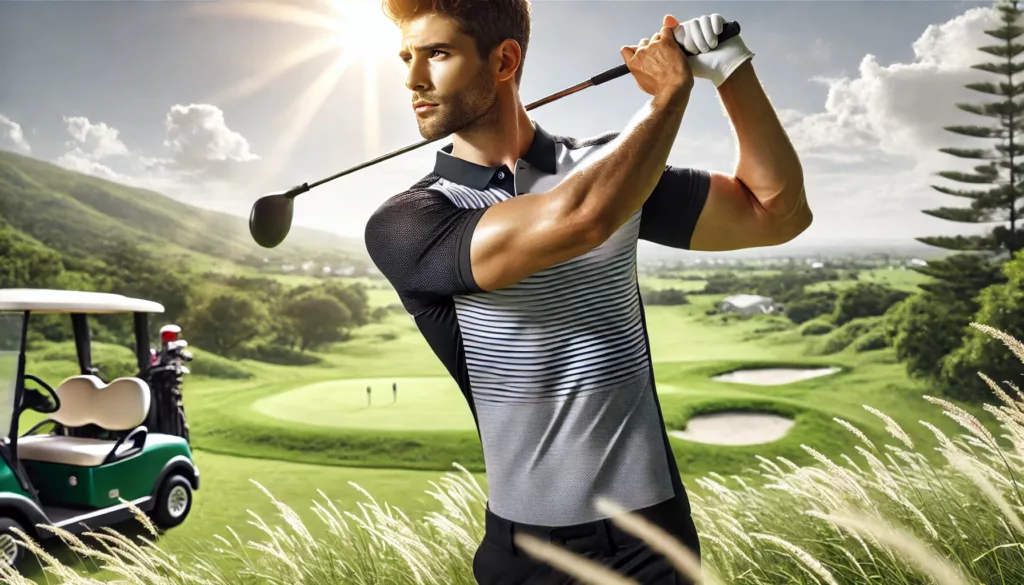 An active man wearing a moisture wicking polo shirt while playing golf An active man wearing a moisture wicking polo shirt while playing golf
