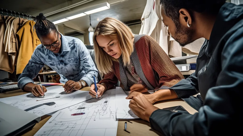 An image of designers working on custom activewear designs possibly at a computer or sketching on paper. The image could show design software in use or a garment with An image of designers working on custom activewear designs possibly at a computer or sketching on paper. The image could show design software in use or a garment with