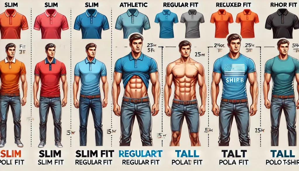 An infographic showing different body types with recommended polo t shirt fits An infographic showing different body types with recommended polo t shirt fits