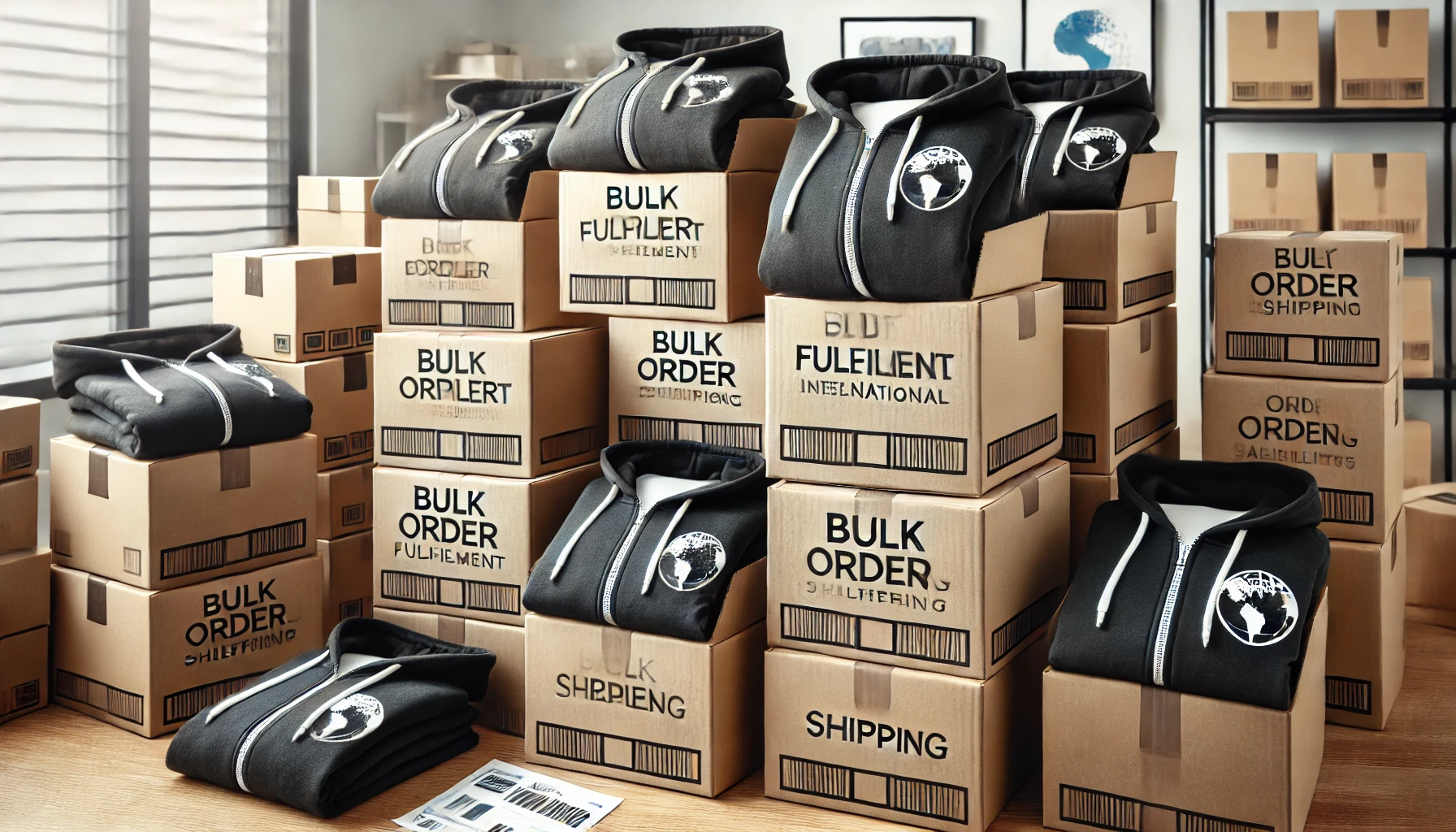 Bulk order packaging and shipping with neatly stacked hoodies in labeled Bulk order packaging and shipping with neatly stacked hoodies in labeled