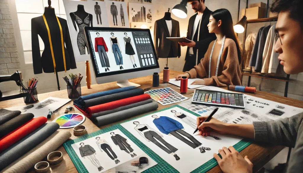 Designers sketching fashion designs on paper fabric swatches spread on a table ODM Clothing Manufacturer