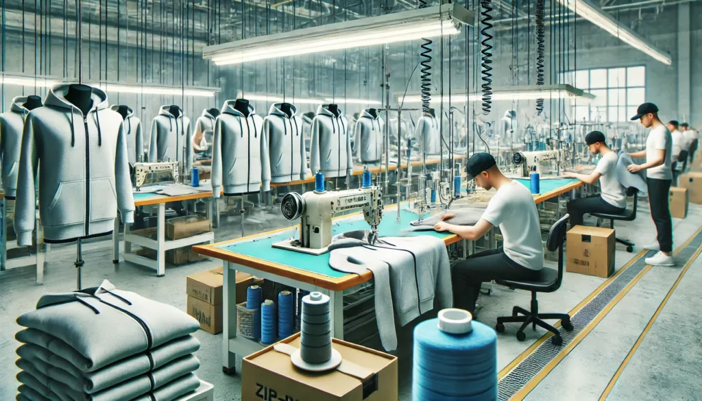 Manufacturing process inside a factory showing workers sewing and attaching zippers Manufacturing process inside a factory showing workers sewing and attaching zippers