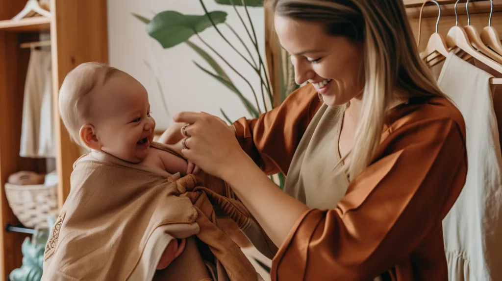 Parent dressing baby in bamboo clothes showing ease and comfort for babies 3 Parent dressing baby in bamboo clothes showing ease and comfort for babies 3