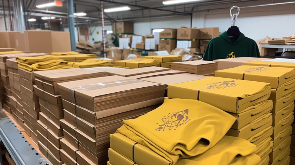 Stacks of neatly packaged hoodies ready for shipment with labeled boxes showcasing bulk order fulfillment in the USA 3 Stacks of neatly packaged hoodies ready for shipment with labeled boxes showcasing bulk order fulfillment in the USA 3