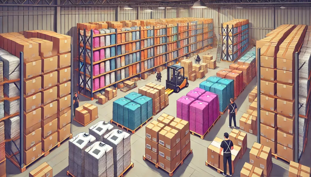 Warehouse with t shirts ready for shipment Warehouse with t shirts ready for shipment