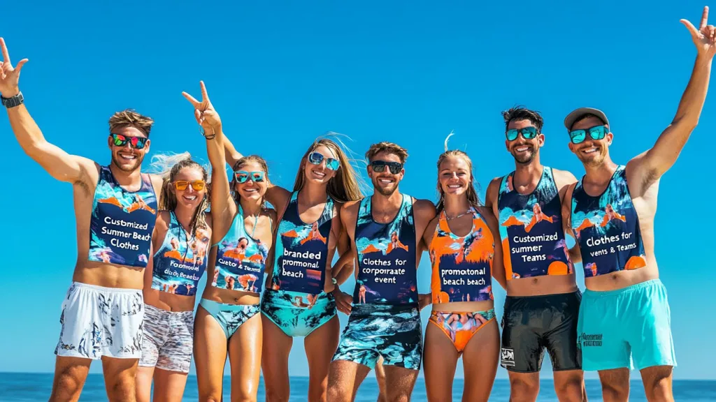 Custom branded summer beach clothes b Custom branded summer beach clothes for promotional or corporate beach event