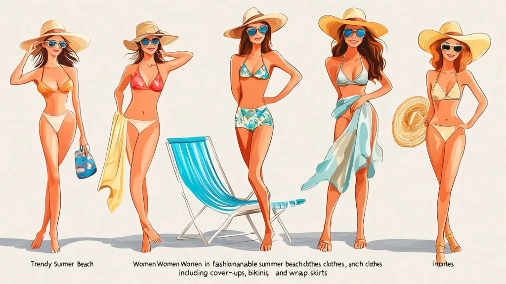 Women summer beach clothes a Women in fashionable summer beach clothes including cover-ups, bikinis, and wrap skirts