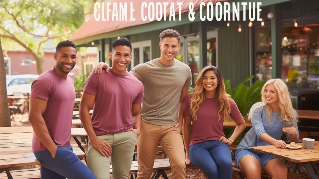 Young adults wearing Comfort Colors T Shirts in casual outdoor setting a Young adults wearing Comfort Colors T Shirts in casual outdoor setting a