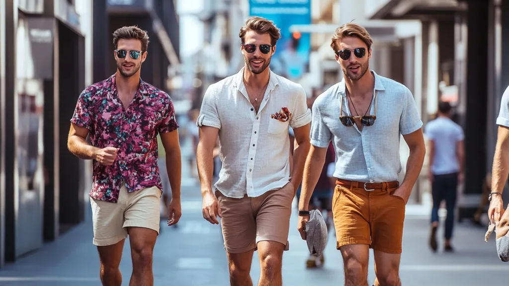custom Mens clothing b Men in stylish summer clothes including linen shirts and shorts