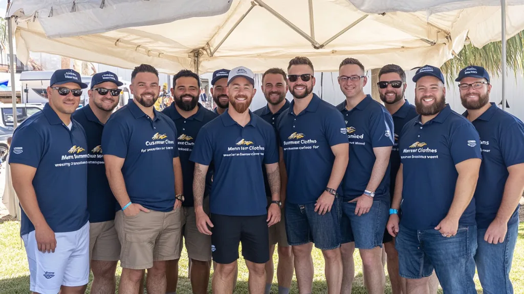 custom summer clothes a 1 Men wearing branded custom summer clothes for team or business event