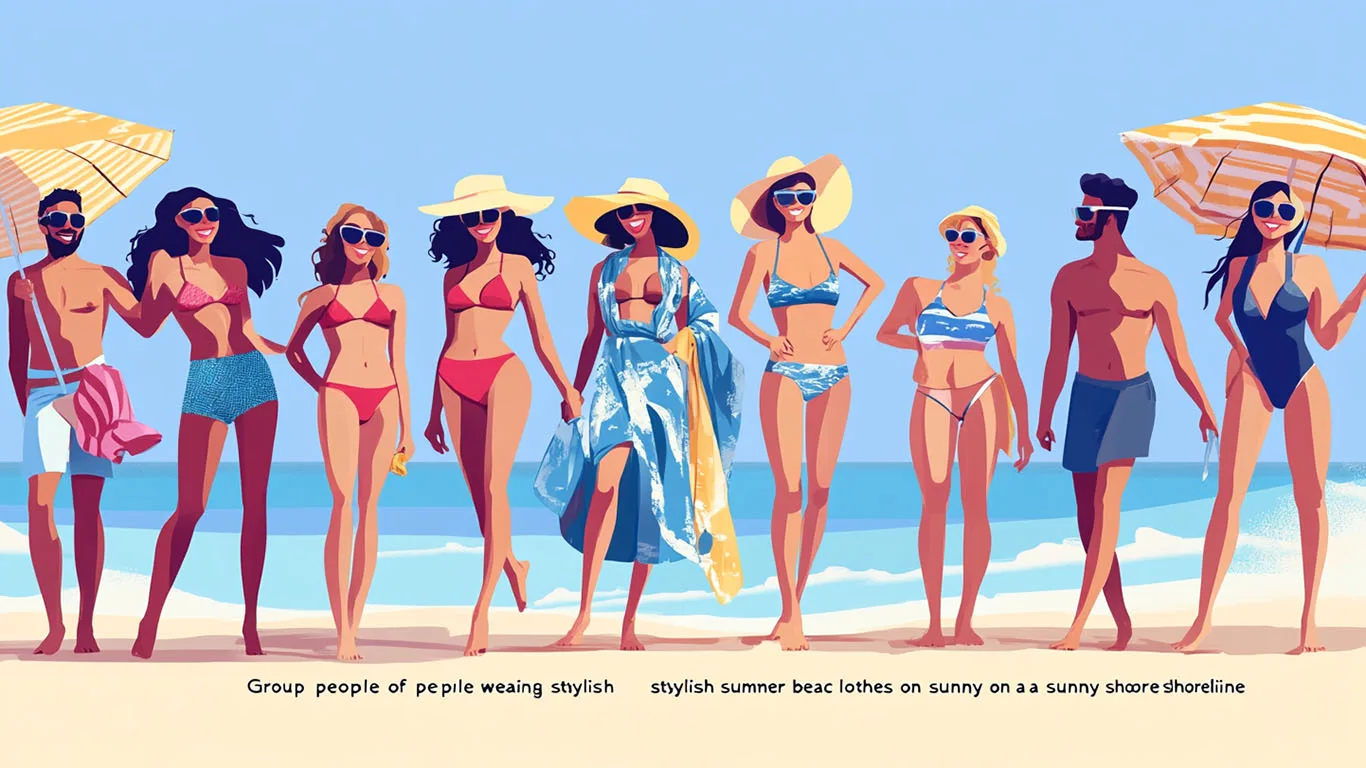 Group of people wearing stylish summer beach clothes on a sunny shoreline