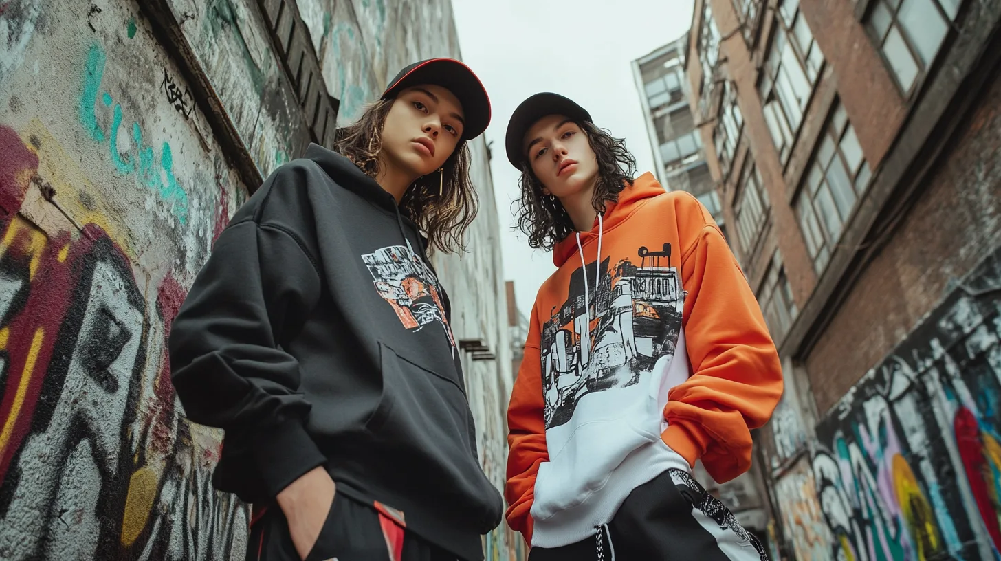Two models wearing custom urban hoodies and tees in a graffiti-covered alley