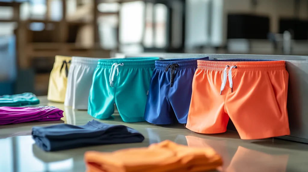 Custom Beach Shorts for Startup Brand Vibrant custom beach shorts laid out for final inspection before packaging