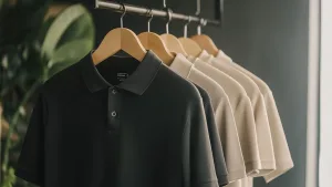 Range of eco-friendly POLO shirts in natural colors on mannequins or hangers