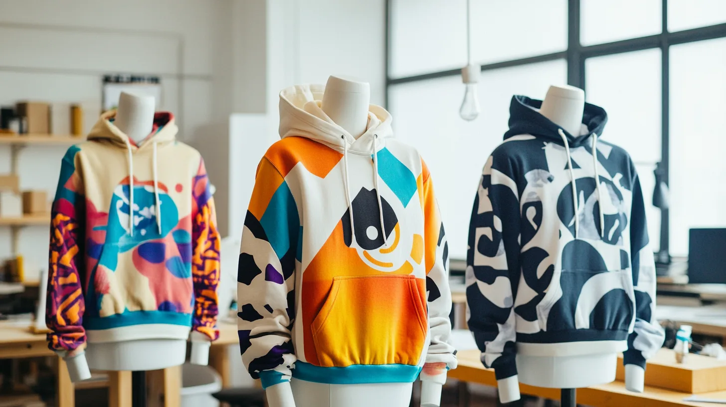 Hoodies displaying embroidery, screen print, and puff print design elements