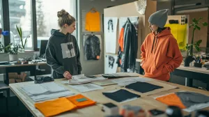 Designer discussing hoodie options with client in studio
