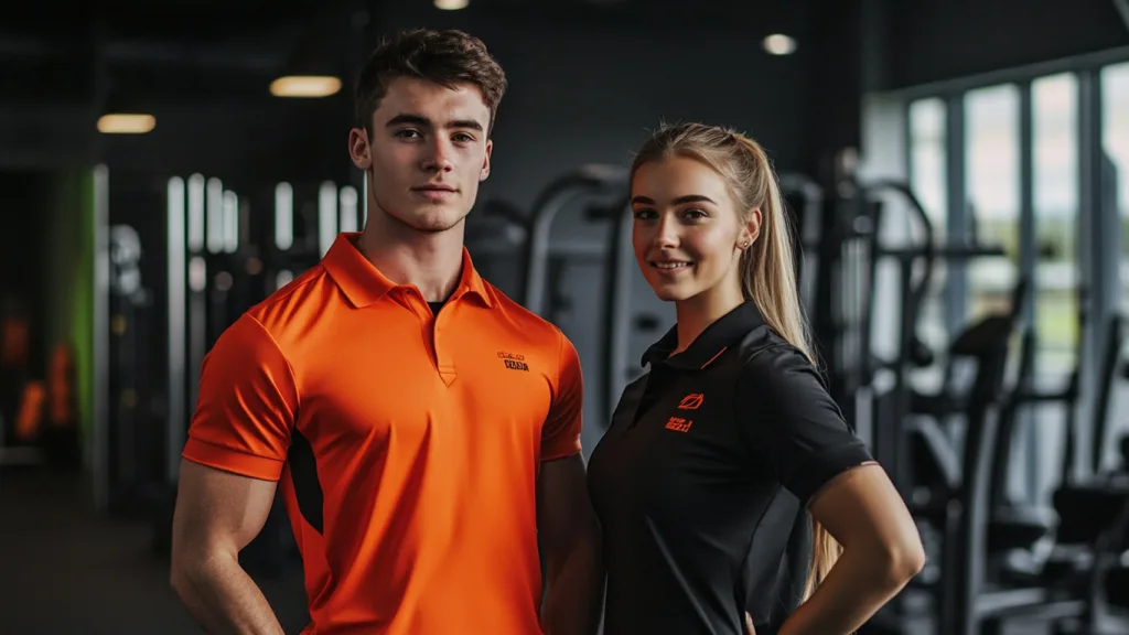 Custom POLO Shirts for Gym Staff Staff members at a boutique gym wearing custom embroidered POLO shirts