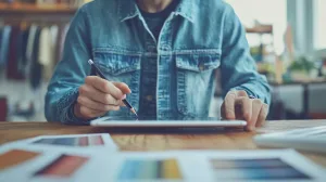 Designer sketching shorts ideas with fabric swatches and a tablet