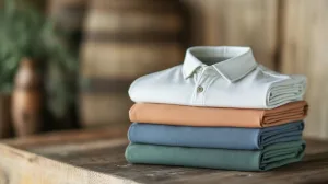 Close-up of eco-friendly golf shirts made from organic cotton