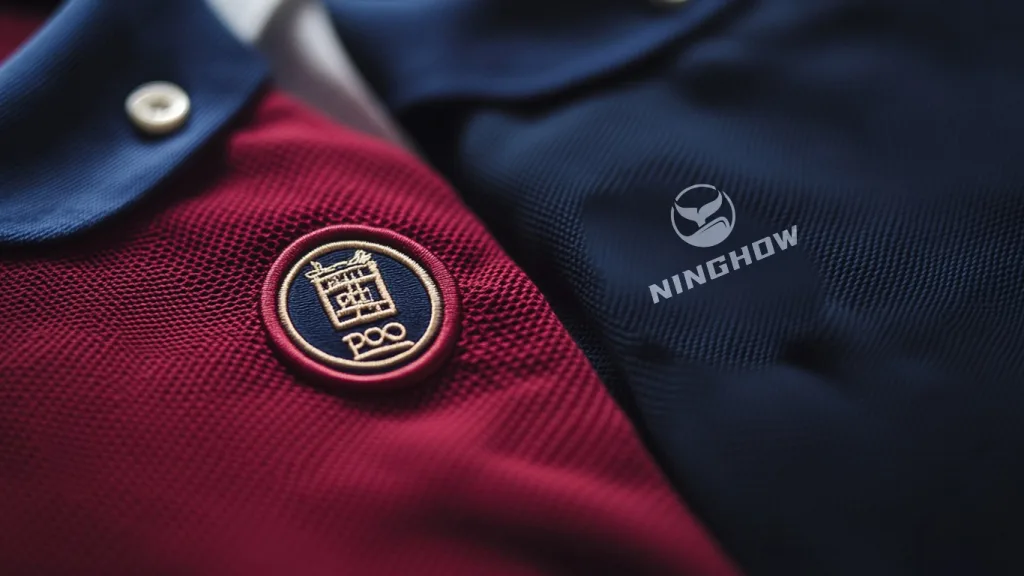 Embroidery vs. Printing Comparison Split view showing embroidery on one side and printing on the other side of a POLO shirt