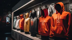 Display of hoodies with screen printed and embroidered logos side-by-side.
