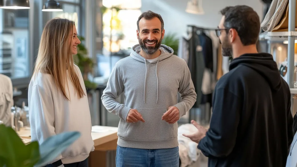 Fast Sampling and Production Support Ninghow Apparel team reviewing hoodie sample with client