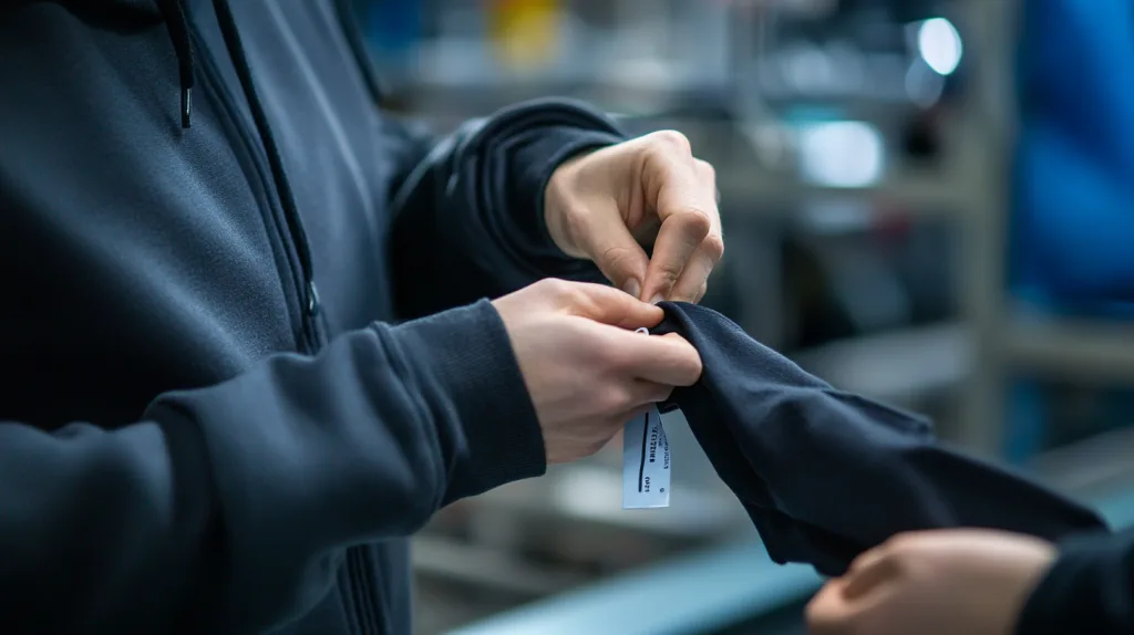 Final Quality Check and Branding Worker inspecting hoodie quality and applying custom tags