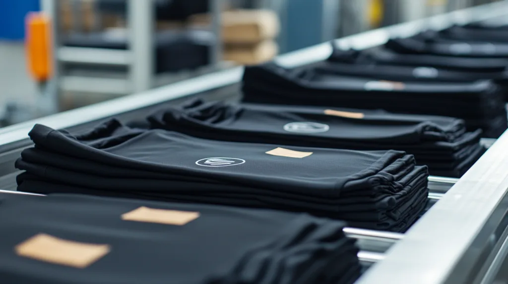 Finished Shorts Ready for Delivery Neatly folded shorts with branded packaging on a conveyor