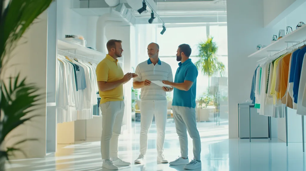 Golf Apparel Sample Approval Process Designers and clients reviewing golf apparel samples in a showroom.