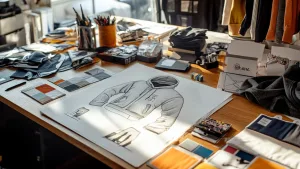 Concept sketches and fabric swatches for hoodie design
