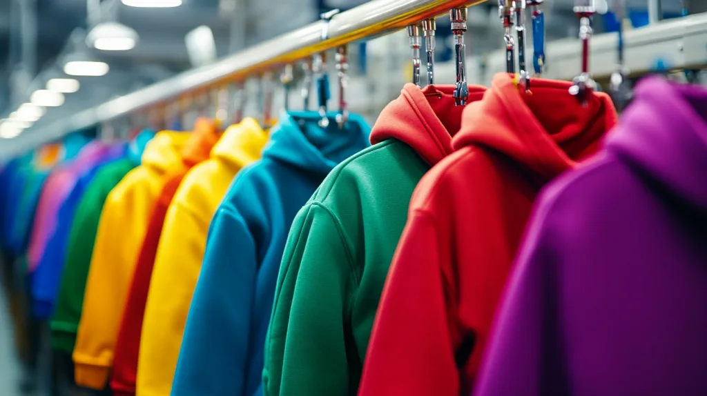 Hoodie Production Floor in Action Workers sewing hoodies in a modern factory