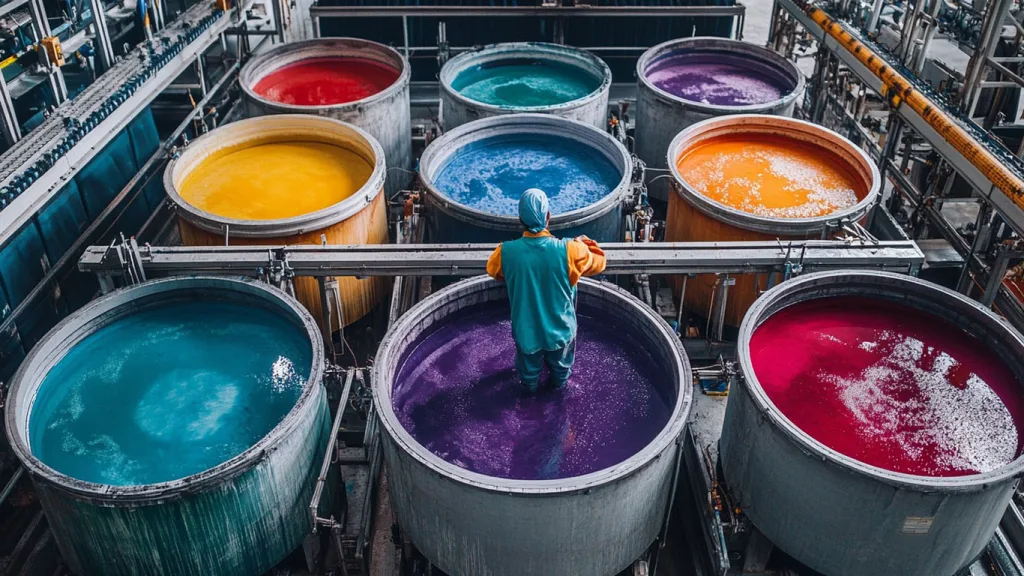 Low Impact Dyeing in Progress Eco dyeing process showing water-saving equipment and colorful dye baths
