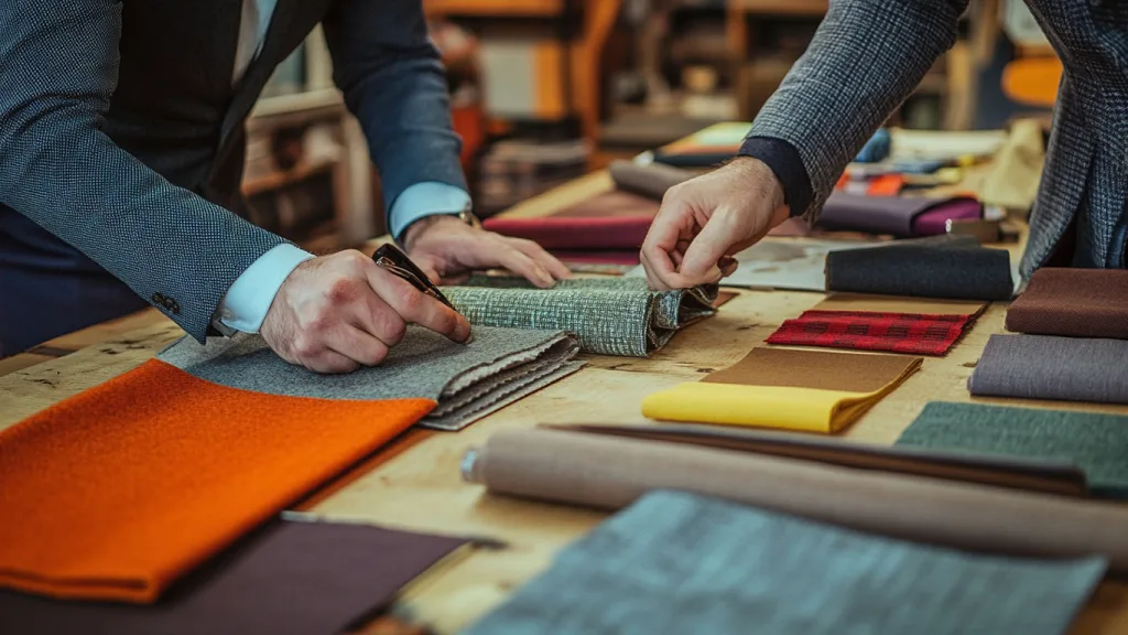 Manufacturer and Client Collaboration Clothing brand designer discussing production with manufacturer team