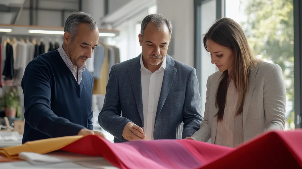 Ninghow Apparel Fabric Support Fabric specialists at Ninghow Apparel showing textile samples to a client