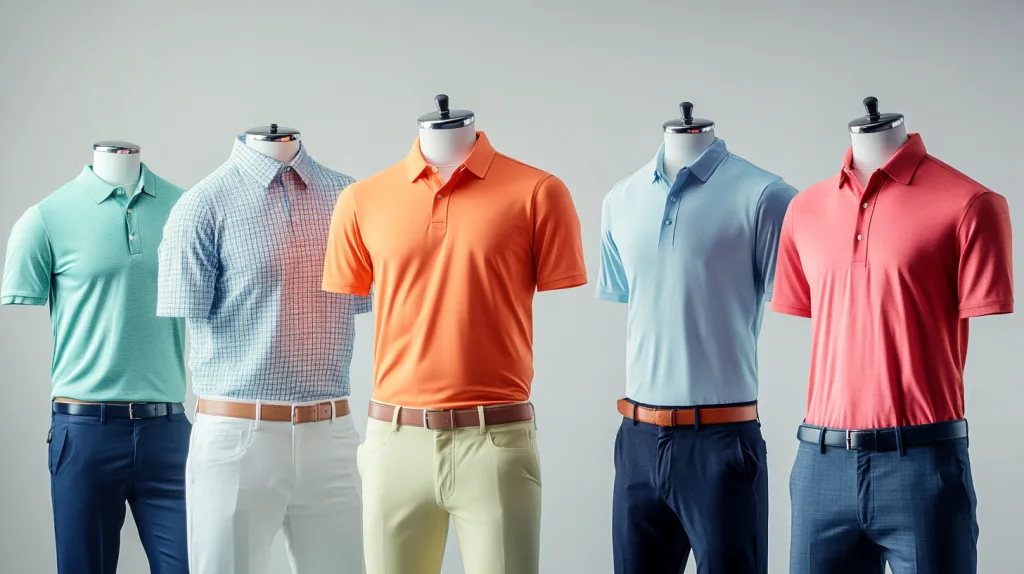 Range of golf polo shirts, pants, and outerwear on display.