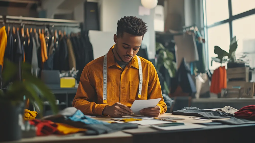 Private Label Sample Review A founder examining sample clothing pieces on a table