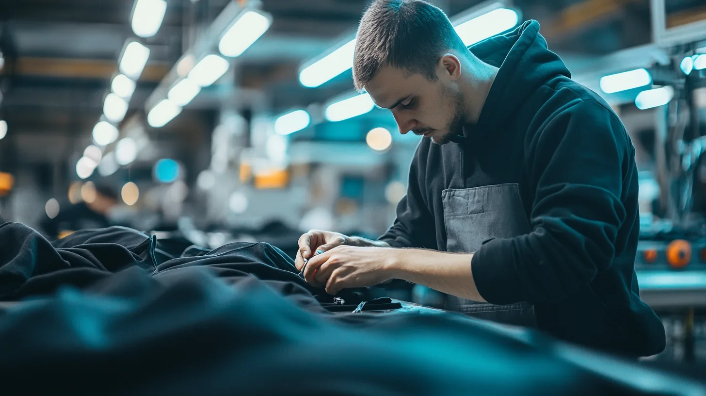 Factory worker inspecting hoodie stitching during production line