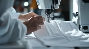 Close-up of stitching T-shirt seams with industrial machine