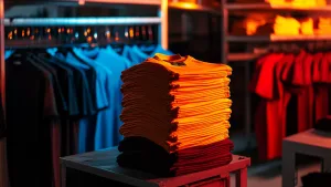 Small batch custom T-shirts stacked neatly in production area
