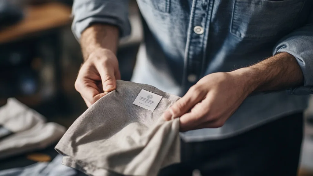 Startup Brand Owner Inspecting Custom Clothing Labels Startup founder checking custom labels for products made by best private label clothing manufacturers