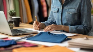 Young entrepreneur sketching T-shirt designs on a notebook